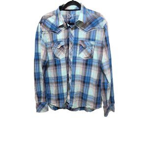 Rock 47 By Wrangler Mens Blue Plaid Western Snap Shirt XL Long Sleeve